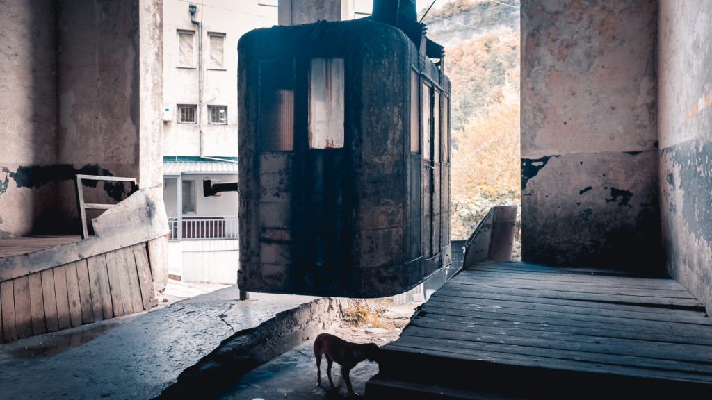 A cable car and a dog in Chiatura terminal