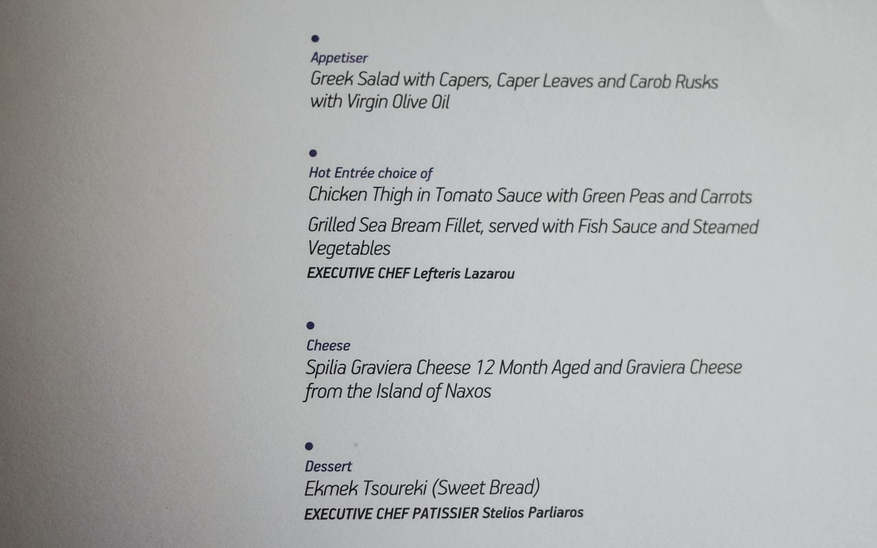Aegean Menu Business Class close up Peskias Lazarakis Lazarou Parliaros