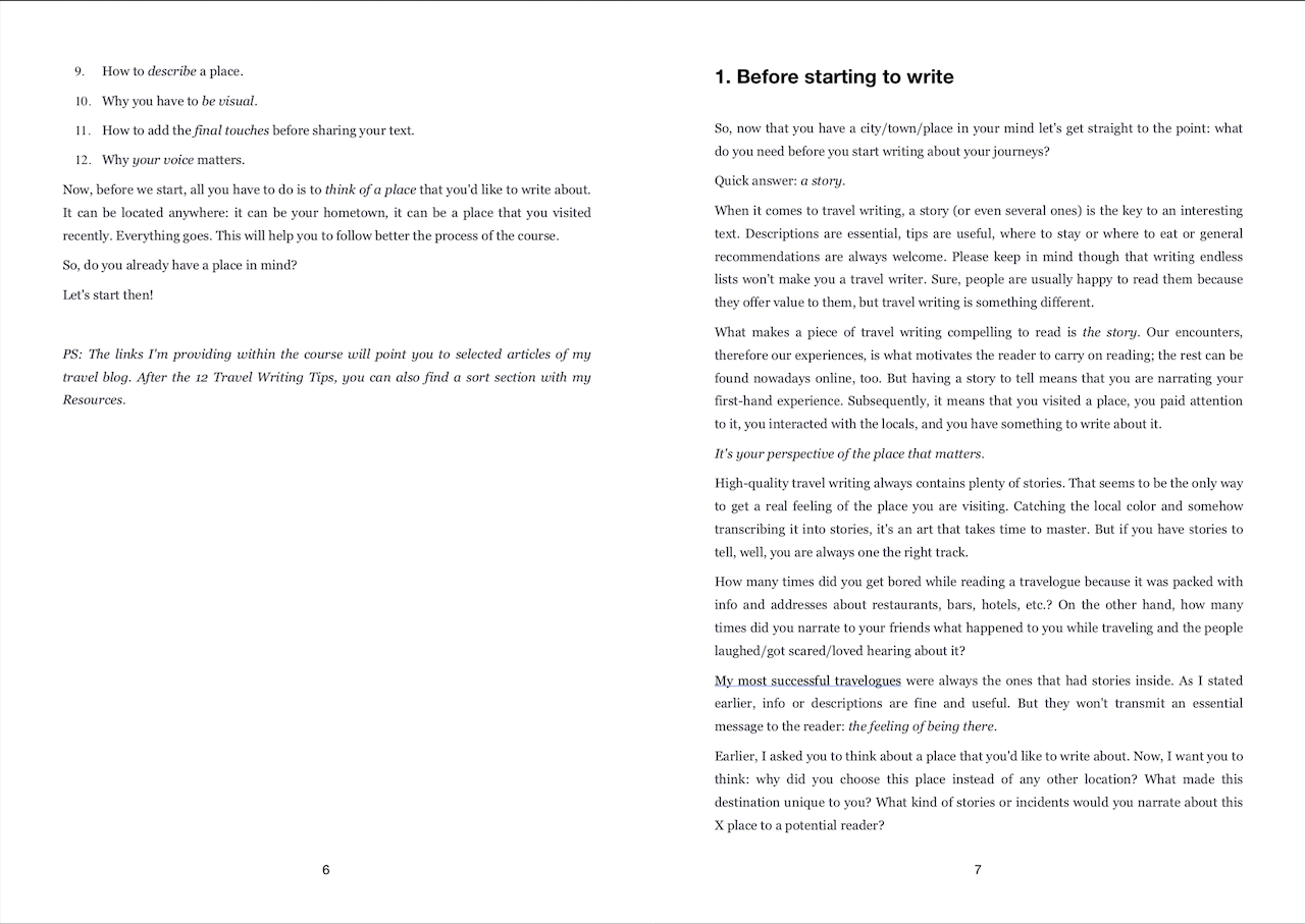 One page from the 12 travel writing tips ebook