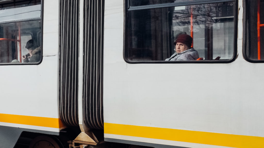 Lady in tram candid photo Bucharest