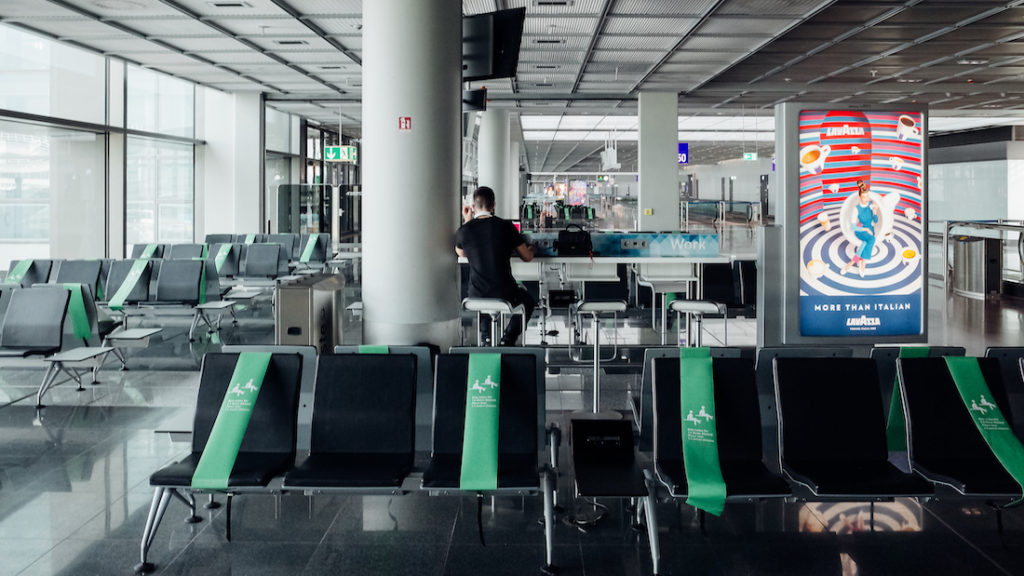 First flight after the lockdown empty Frankfurt Airport