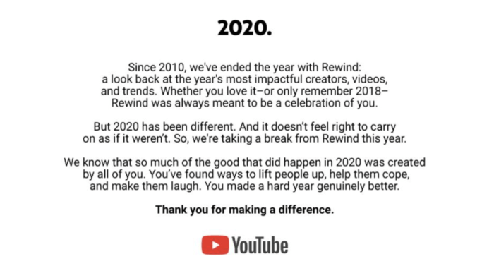 Youtube Twitter No rewind in 2020 statement