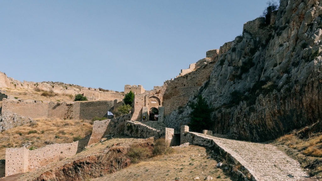 The entrance of Acrocorinth castle in Greece