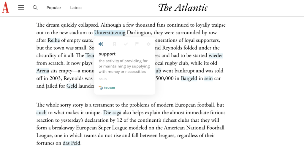 Example of Toucan browser extention on The Atlantic