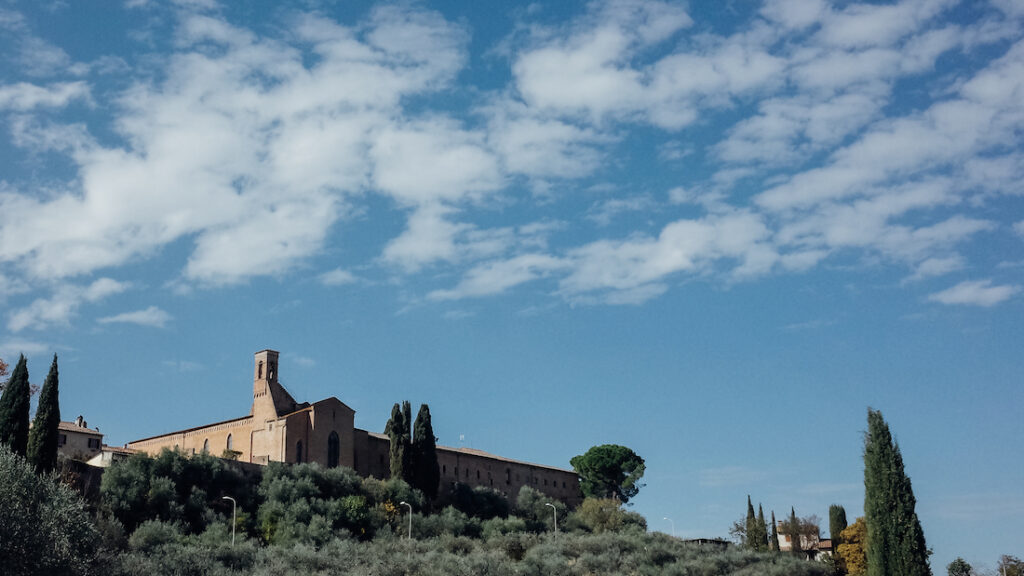 Approaching San Gimignano in Tuscany, Italy, view from the parking lot