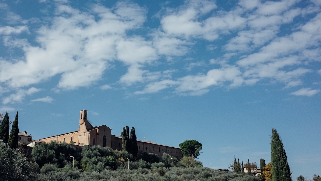 Approaching San Gimignano in Tuscany, Italy, view from the parking lot