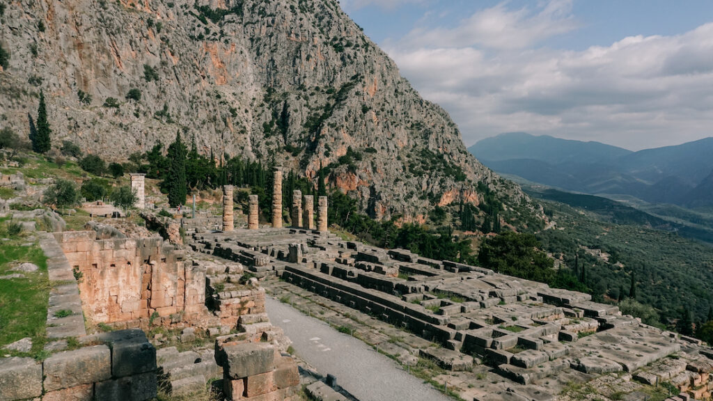 The Temple of Apollo and the landscape in Delphi