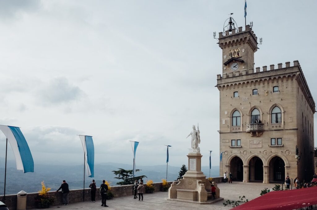 View of the Piazza Liberta with the Palazzo Publico in San Marino travel guide