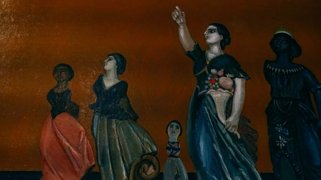 A painting of figureheads by Greek painter Spyros Vassiliou in the Nautical Museum of Galaxidi