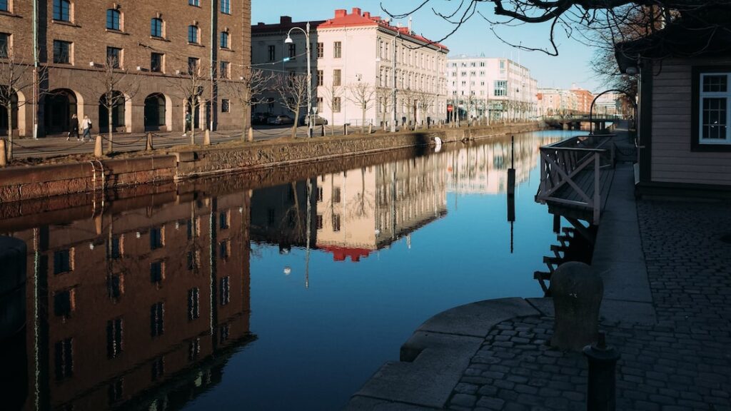 Buildings reflections in a peaceful city of Sweden