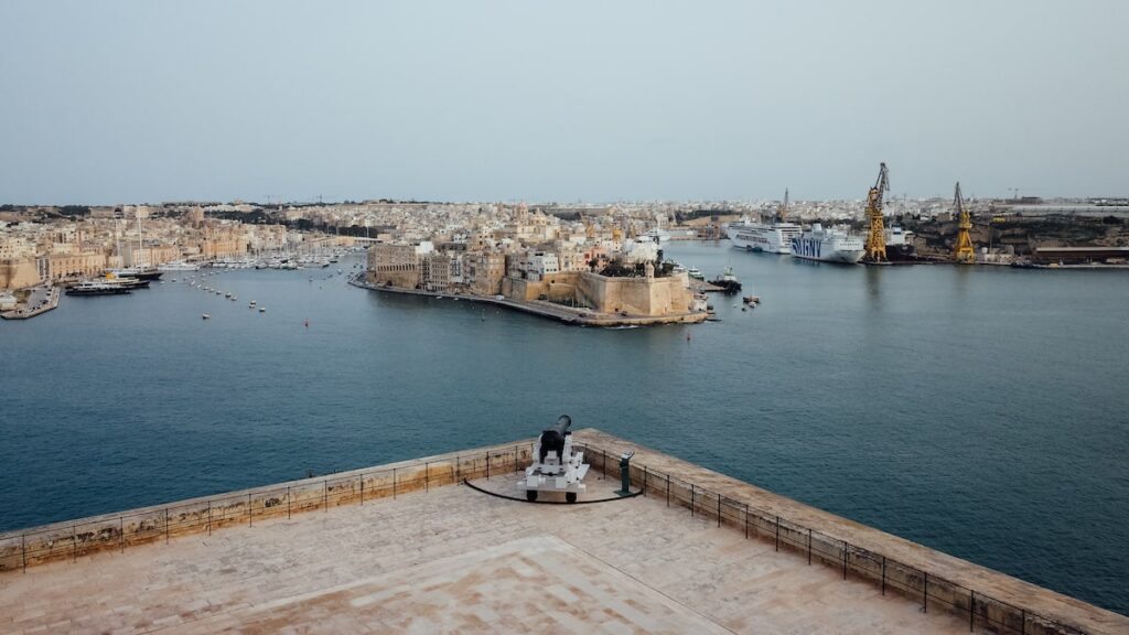 Fort St Angelo and the Three Cities as seen from Valletta