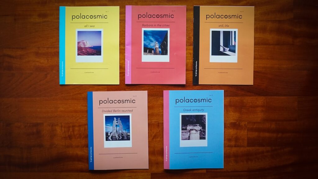 5 copies of Polacosmic, the Polaroid Zine created by George Pavlopoulos