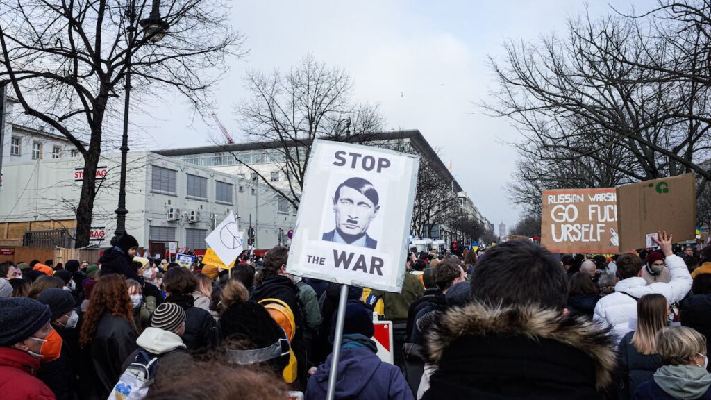 A protest against Russia's war in Ukraine that took place in February 2022 in Berlin Germany