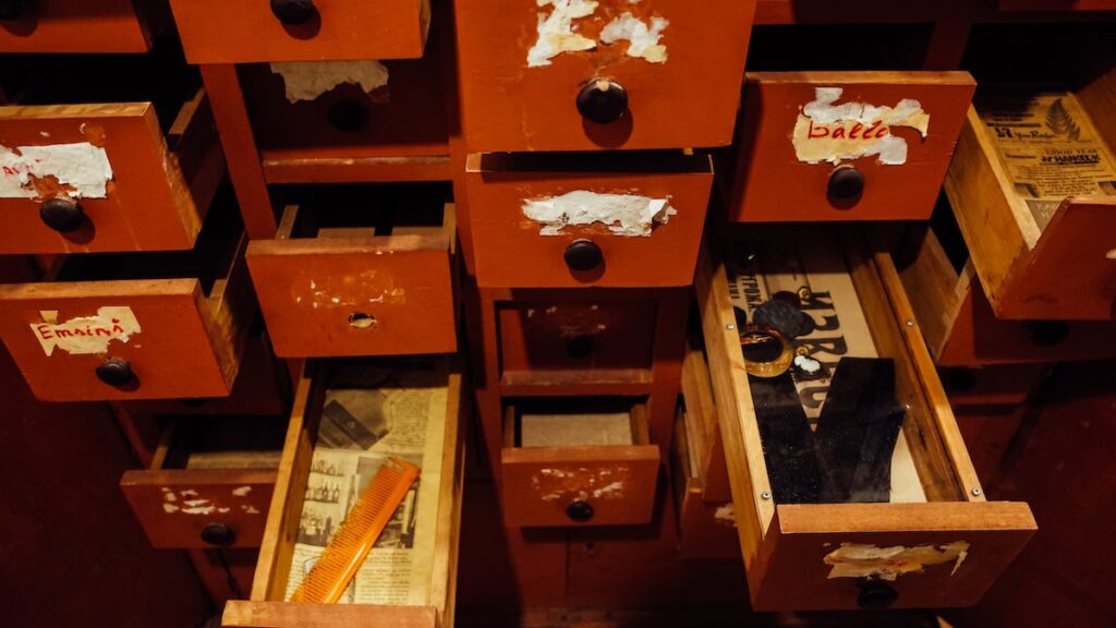 Drawers containing the belongings of inmates at the KGB building in Riga, Latvia