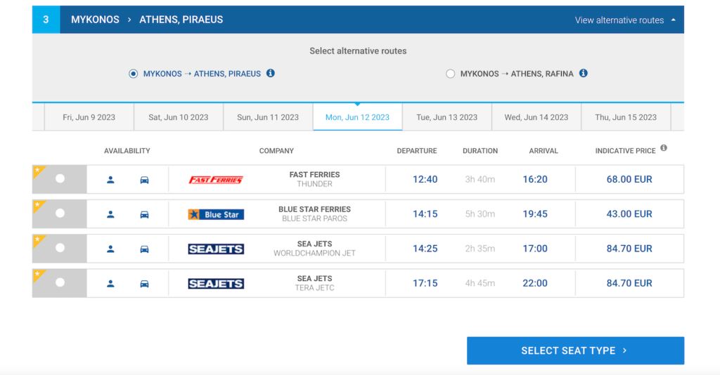 Ferry tickets to the Greek islands: The return itineraries from Mykonos to Piraeus