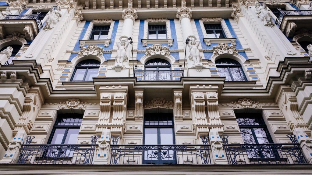 A photo of a blue-tiled Art Nouveau facade in Riga, Latvia