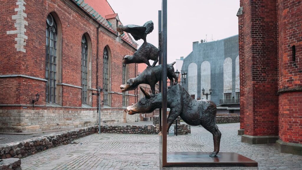 A photo of the Bremen Town Musicians statue in Riga, Latvia