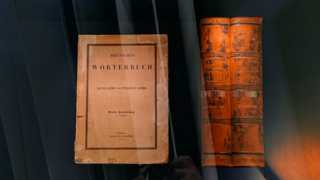 The first edition of the Deutsches Wörterbuch, the German Dictionary, written by the Brothers Grimm, exhibited in Grimmwelt Kassel in Germany