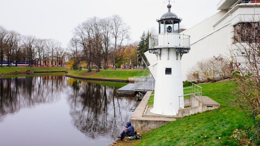 An image showing a small lighthouse in a park in downtown Riga