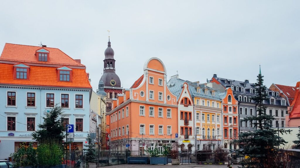 A photo showing colorful buildings in the medieval Old Town of Riga, Latvia