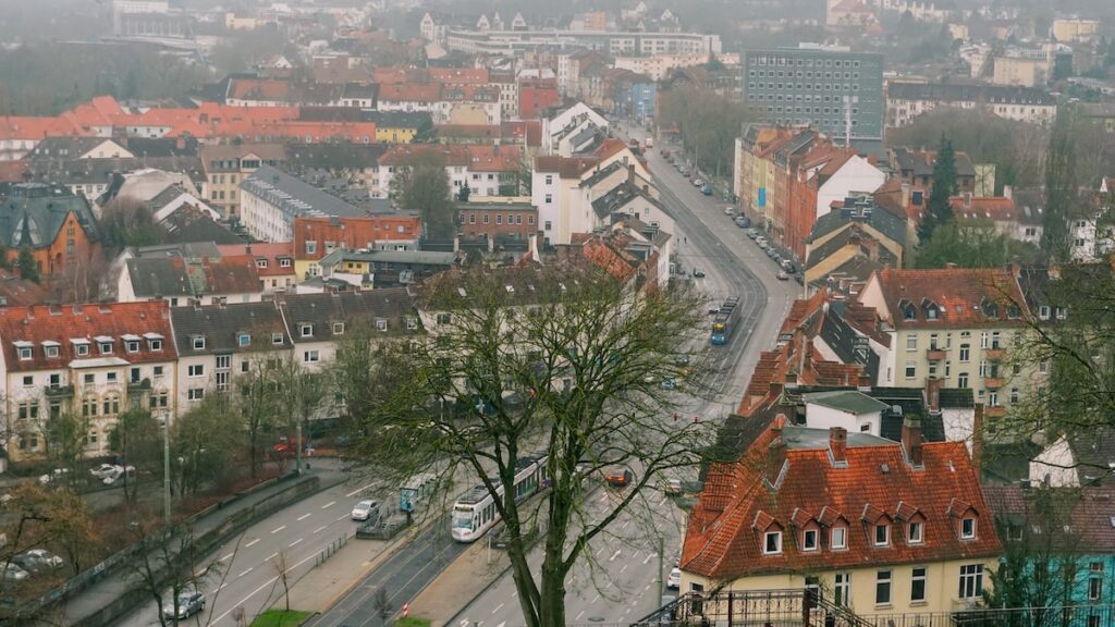 An aerial view of Kassel on a cloudy day from the Falada Cafe at Grimmwelt Kassel Museum