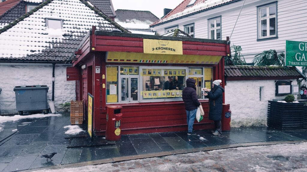 The 3 Kroneren hot dog joint in downtown Bergen, Norway
