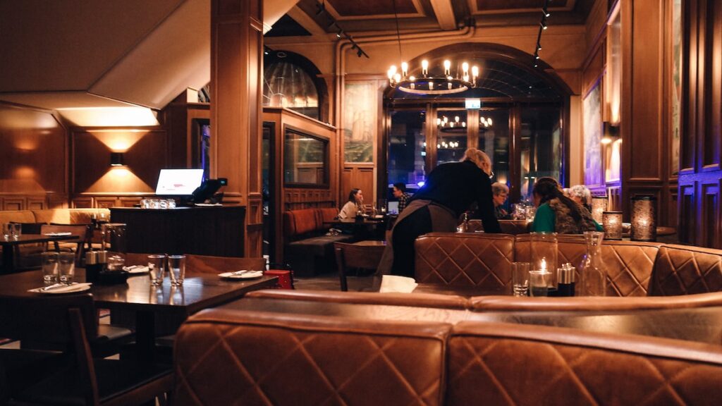 The interior of Bryggeloftet & Stuene Restaurant in Bergen, Norway