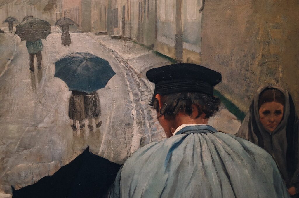 A close-up photo of the painting "Village Street in Normandy" by Christian Krohg. It's on display at the Kode Museum in Bergen.