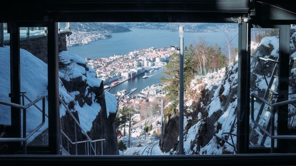 The view from the Fløibanen funicular in Bergen while it heads towards Mount Floyen. 3 days in Bergen itinerary and travel guide