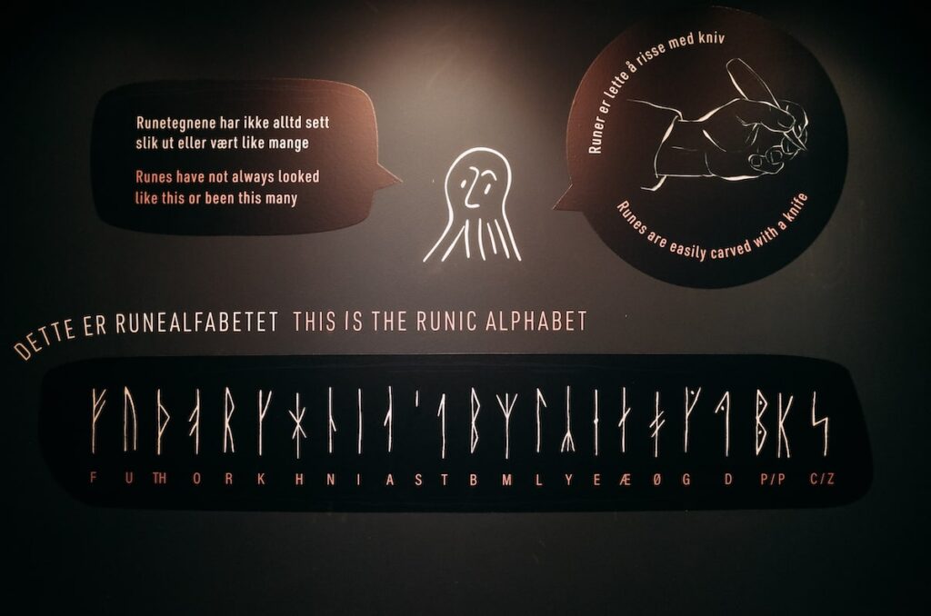 An image depicting the Runic Alphabet, as presented in the Bryggens Museum in Bergen, Norway