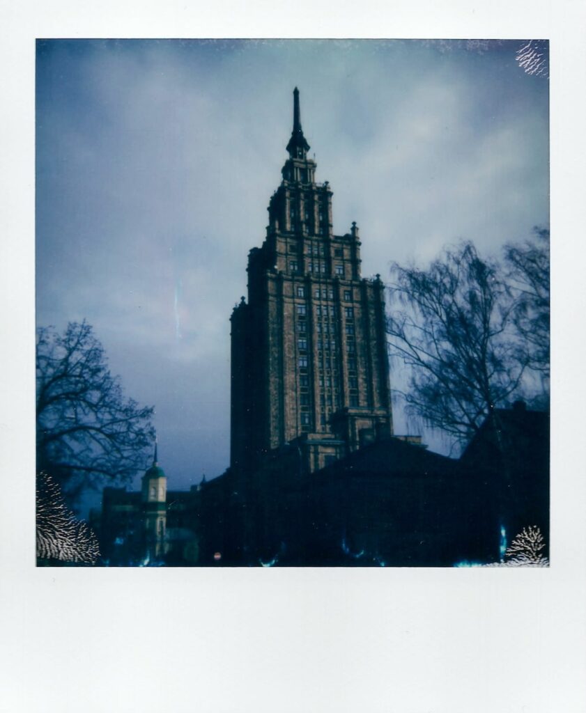 A polaroid photo of the Latvian Academy of Sciences in Riga, taken with the Polaroid Impulse AF