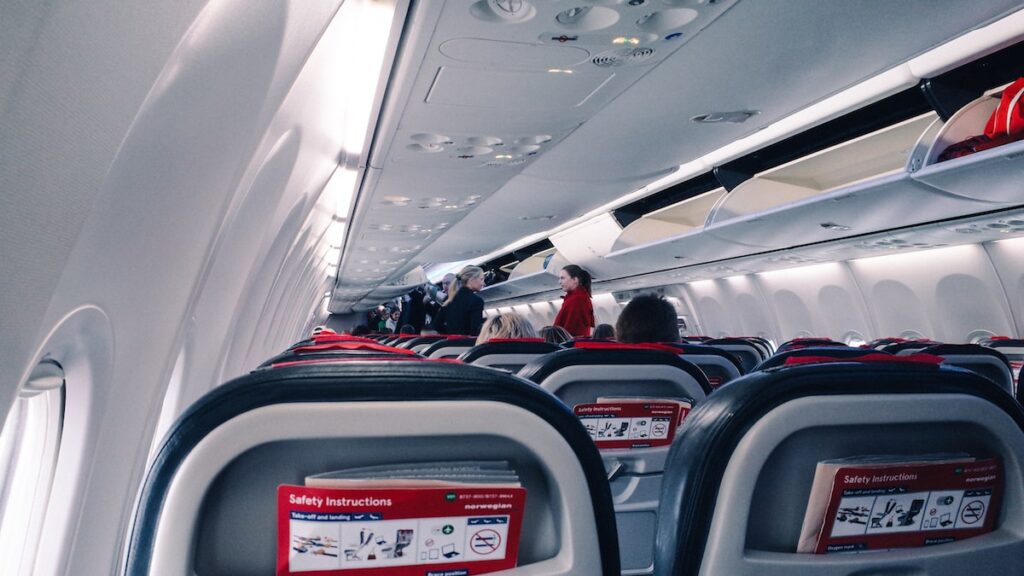 The interior of an Airbus of Norwegian Air at Bergen's Airport