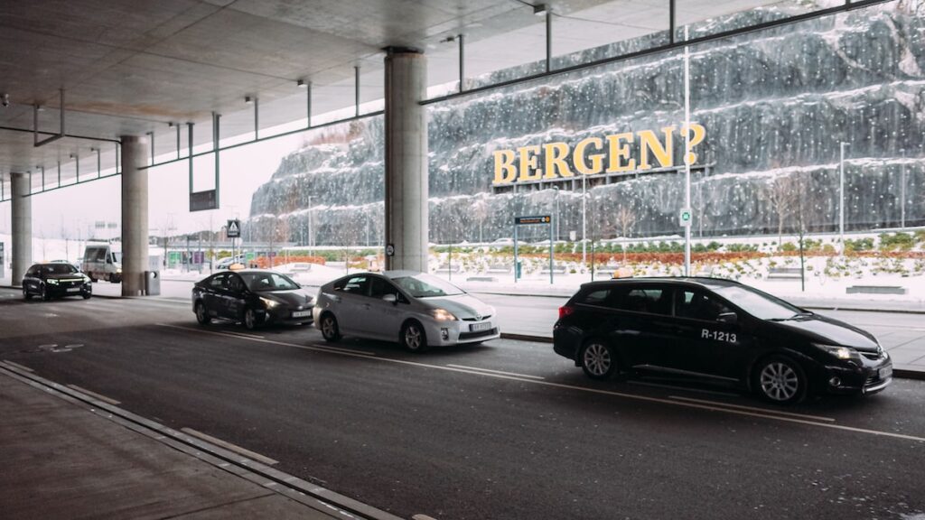 Taxis waiting outside arrivals at Bergen Airport