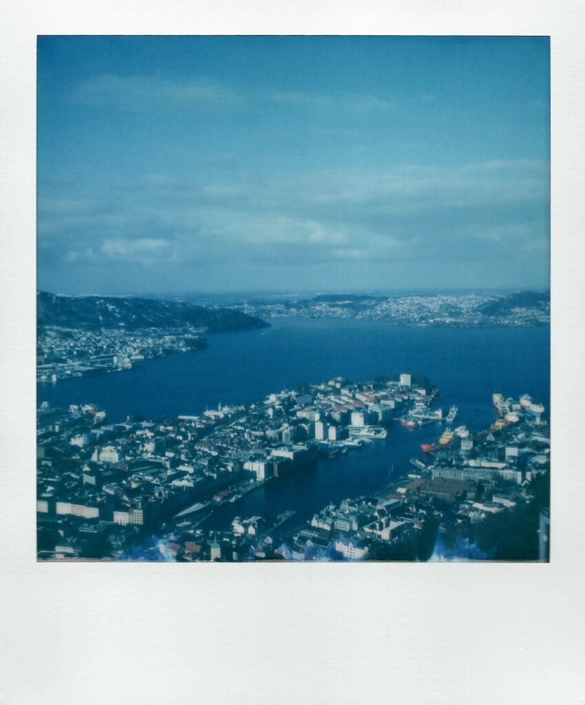 The view of the city of Bergen from Mount Floyen, taken with the vintage Polaroid SX-70 camera
