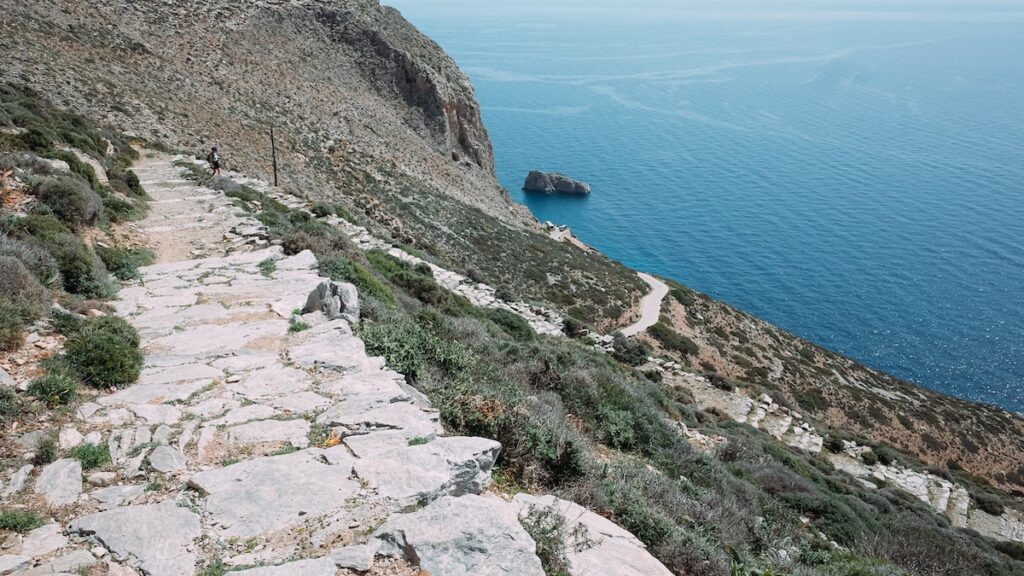 A photo of the path leading to the Hozoviotissa Monastery in Amorgos, Greece