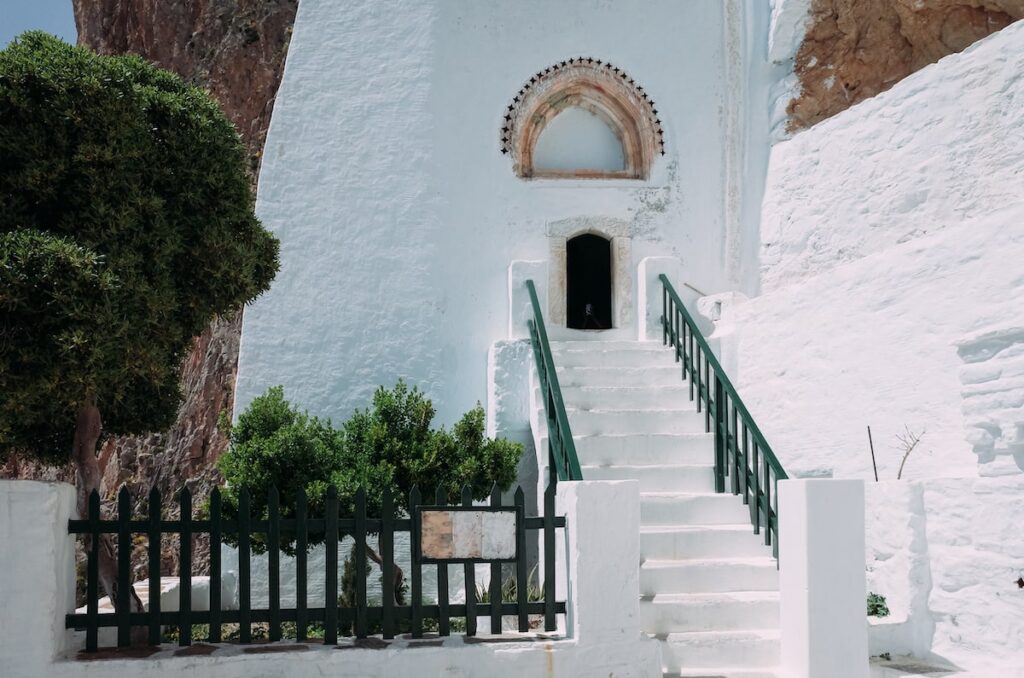 The entrance of the iconic Hozoviotissa Monastery in the Greek island of Amorgos