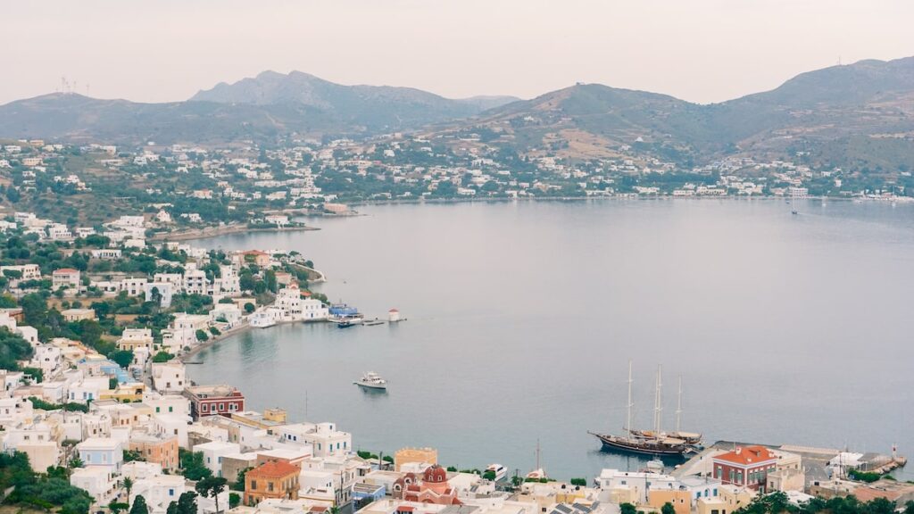 Aerial view of the Agia Marina Port in Leros, while hiking to the Partheni Castle