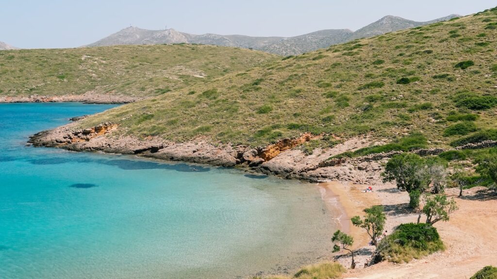 An image of the stunning Agia Kioura Beach in Leros. Visiting it is one of the best things to do in Leros, Greece.