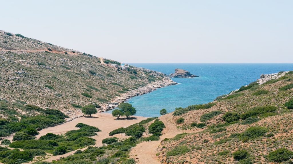 A photo showing from the distance the Alexis Beach in Kalymnos, Greece