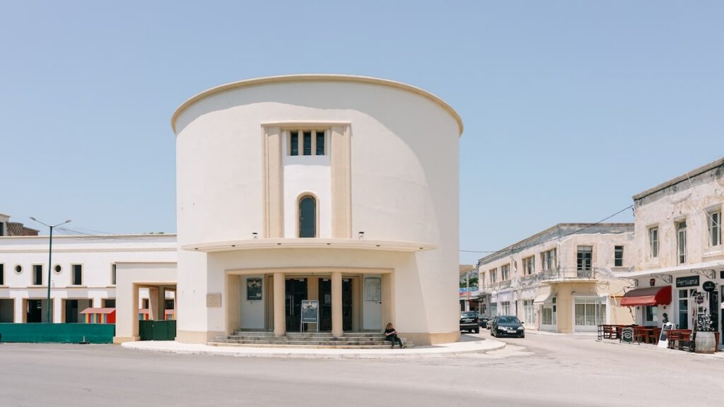 An image of the iconic cinema theater in Lakki, Greece.