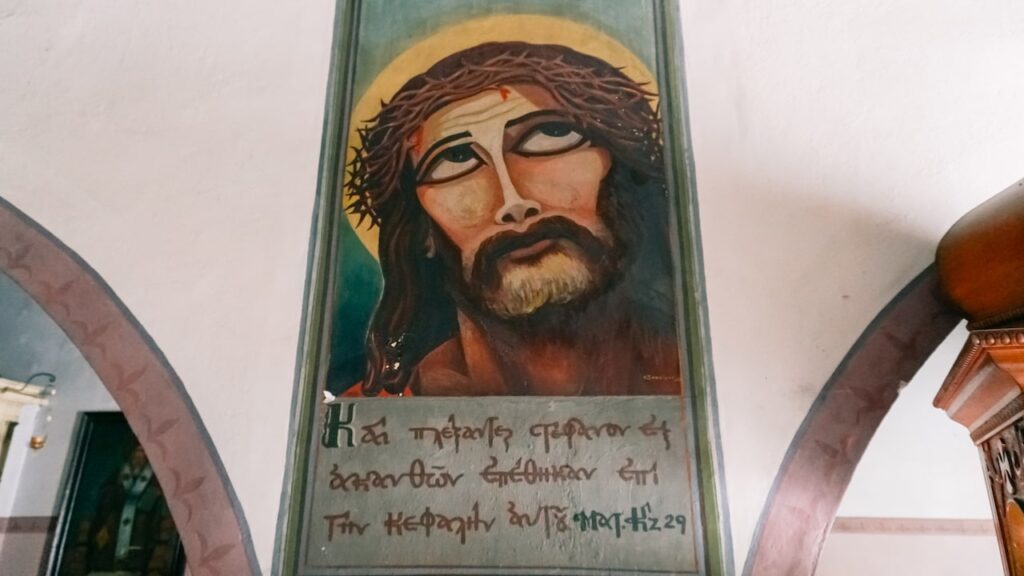 An icon of Jesus Christ at Agia Matrona-Kioura Church in Leros. Visiting it is one of the best things to do in Leros, Greece.