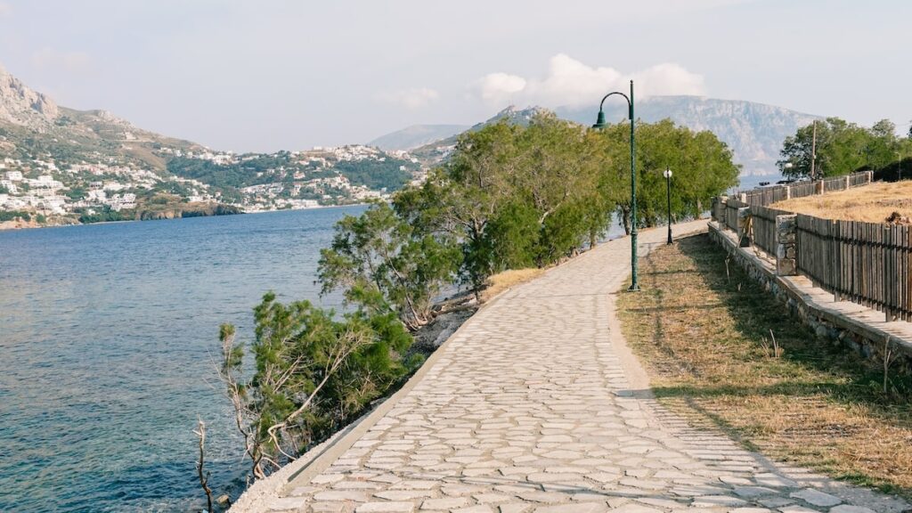 A photo of the pedestrian promenade in Telendos island, connecting the main settlement with the beaches