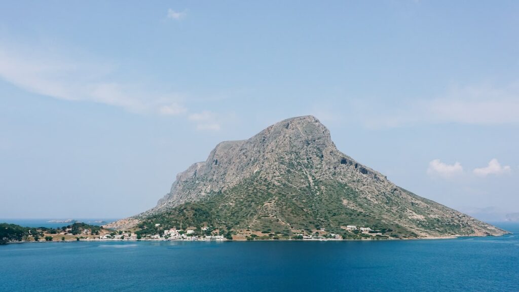 The impressive island of Telendos, one of the best things to do in Kalymnos. The view is from the accommodation Climbers Village in Myrties, Kalymnos