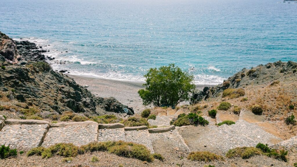 A photo of the paved path leading from Telendos port to the stunning Chochlakas Beach