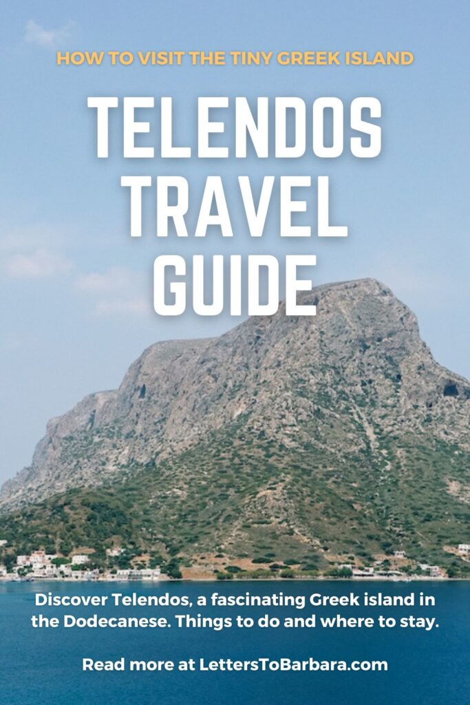 A Pinterest Pin for a travel guide to Telendos, the small island in the Dodecanese, Greece