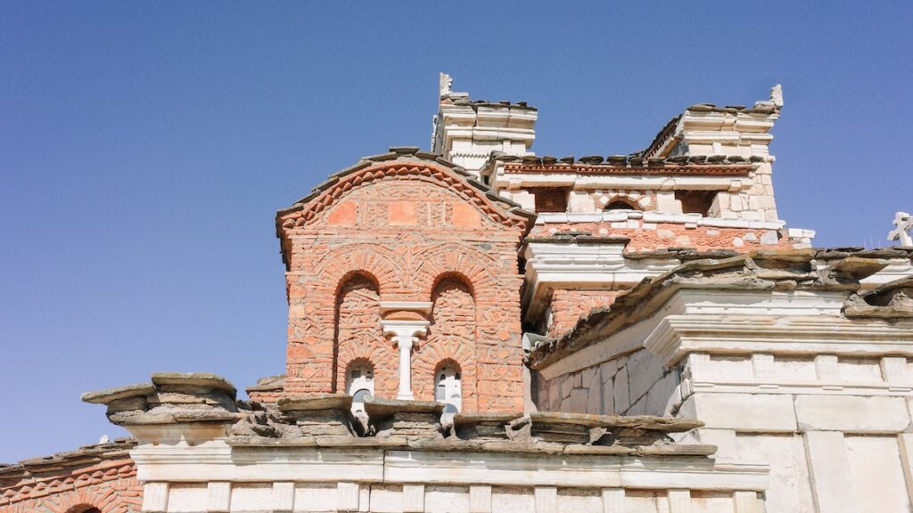 A photo showing a detail from the roof of the unusual Agia Fotini Church in Greece.