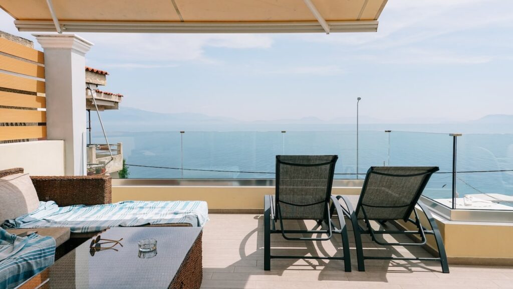 An image of the veranda view of Diamante Beachfront Suites in Sykia, Peloponnese.
