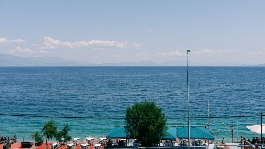 A photo of the Corinthian Gulf in Greece as seen from Sykia in the Peloponnese