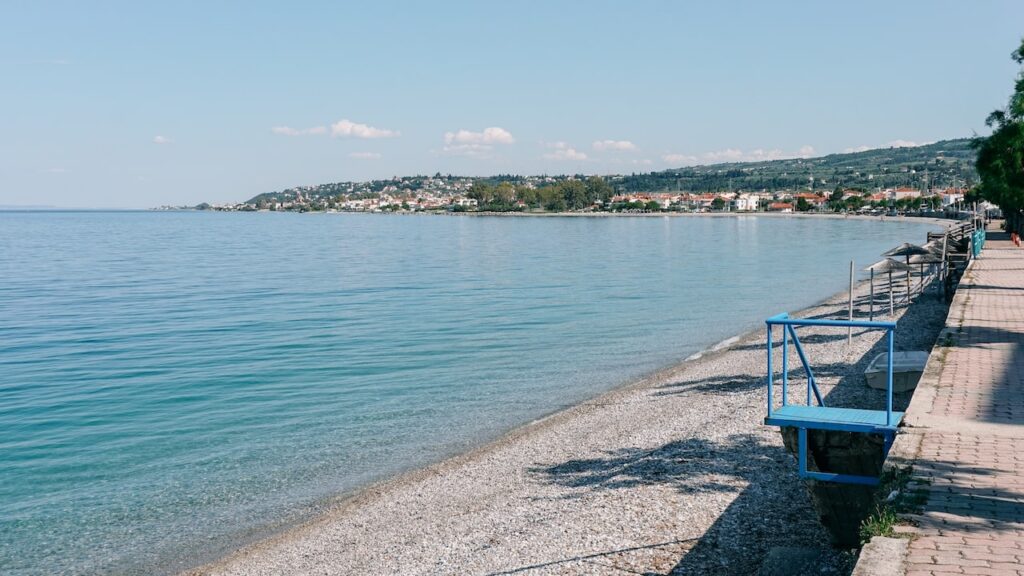 An image of a blue staircase leading to Sykia Beach in Peloponnese.