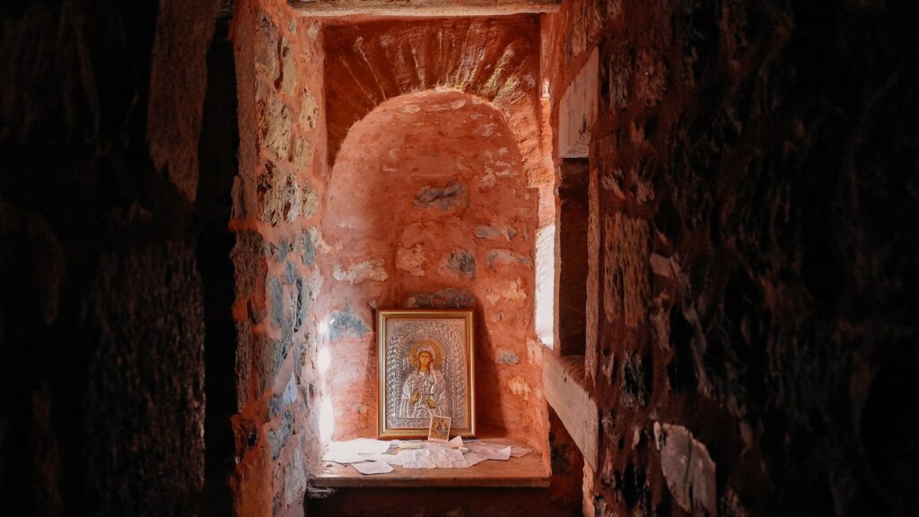 A photo of an icon of Virgin Mary in the church of Agia Fotini in Greece.